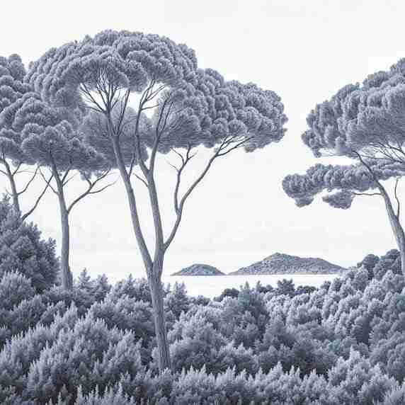 Entre pins et mer – Papier peint forêt méditerranéenne en cyanotype - Illulart: Papier peint panoramique