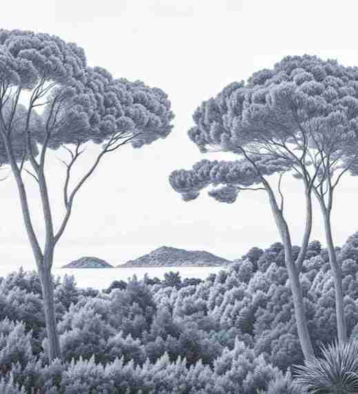 Entre pins et mer – Papier peint forêt méditerranéenne en cyanotype - Illulart: Papier peint panoramique