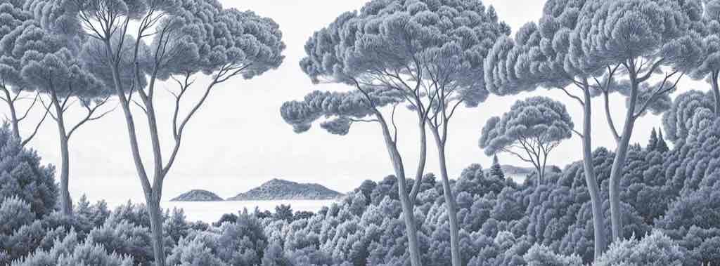 Entre pins et mer – Papier peint forêt méditerranéenne en cyanotype - Illulart: Papier peint panoramique