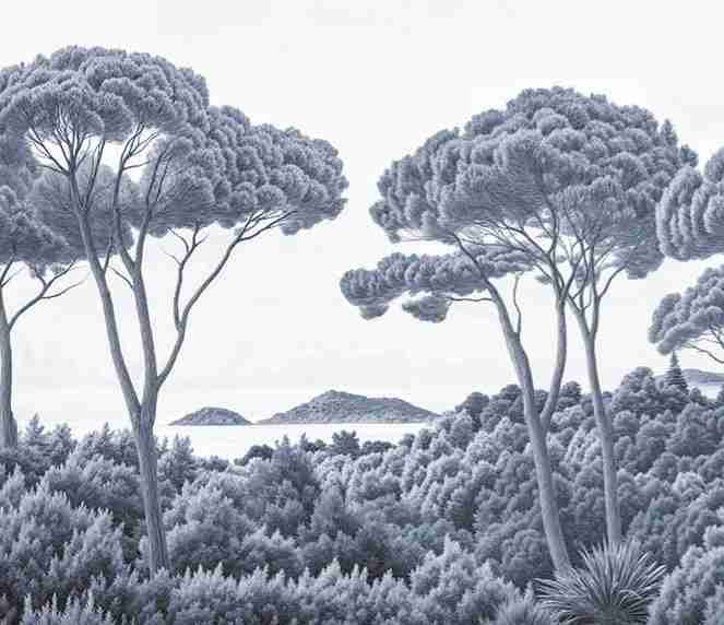 Entre pins et mer – Papier peint forêt méditerranéenne en cyanotype - Illulart: Papier peint panoramique