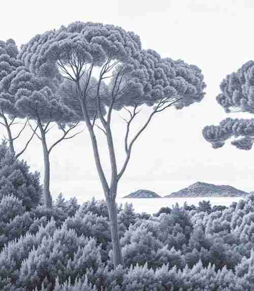 Entre pins et mer – Papier peint forêt méditerranéenne en cyanotype - Illulart: Papier peint panoramique