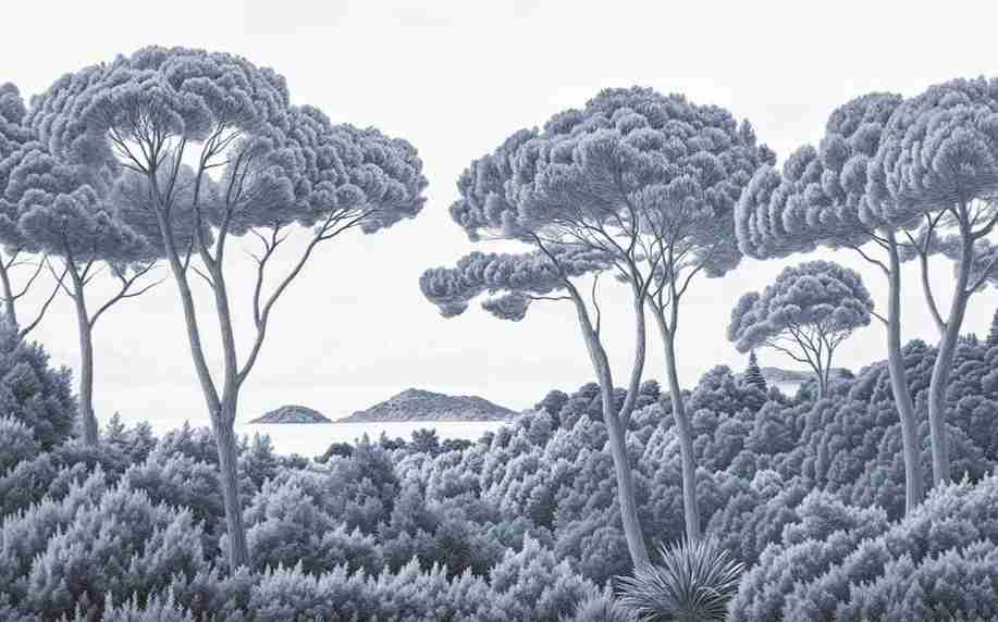 Entre pins et mer – Papier peint forêt méditerranéenne en cyanotype - Illulart: Papier peint panoramique