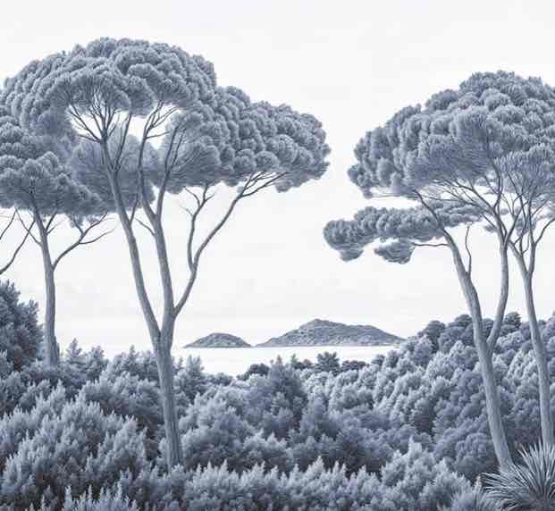 Entre pins et mer – Papier peint forêt méditerranéenne en cyanotype - Illulart: Papier peint panoramique