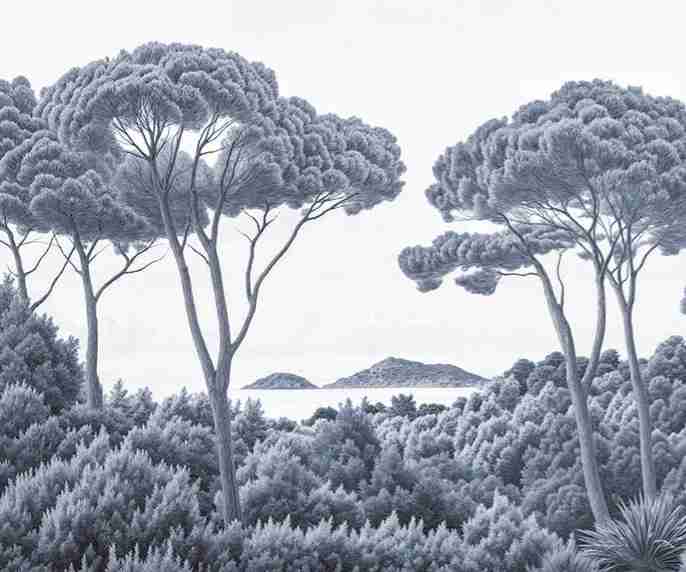 Entre pins et mer – Papier peint forêt méditerranéenne en cyanotype - Illulart: Papier peint panoramique