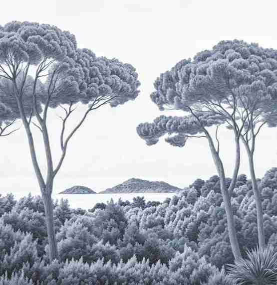 Entre pins et mer – Papier peint forêt méditerranéenne en cyanotype - Illulart: Papier peint panoramique