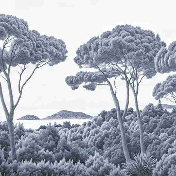 Entre pins et mer – Papier peint forêt méditerranéenne en cyanotype - Illulart: Papier peint panoramique