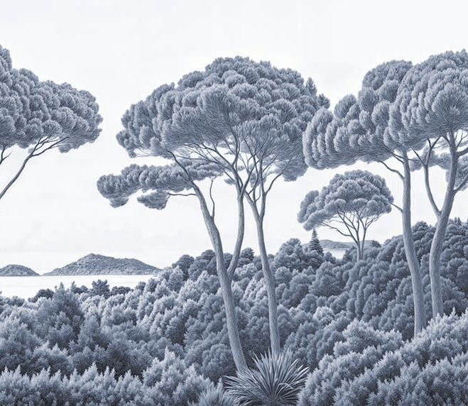 Entre pins et mer – Papier peint forêt méditerranéenne en cyanotype - Illulart: Papier peint panoramique
