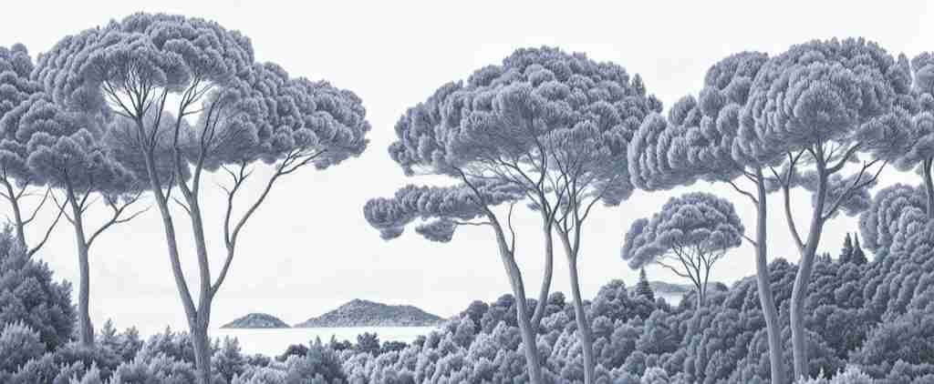 Entre pins et mer – Papier peint forêt méditerranéenne en cyanotype - Illulart: Papier peint panoramique