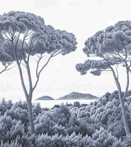 Entre pins et mer – Papier peint forêt méditerranéenne en cyanotype - Illulart: Papier peint panoramique