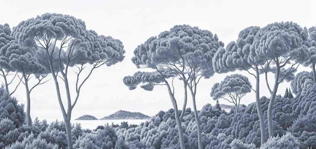 Entre pins et mer – Papier peint forêt méditerranéenne en cyanotype - Illulart: Papier peint panoramique