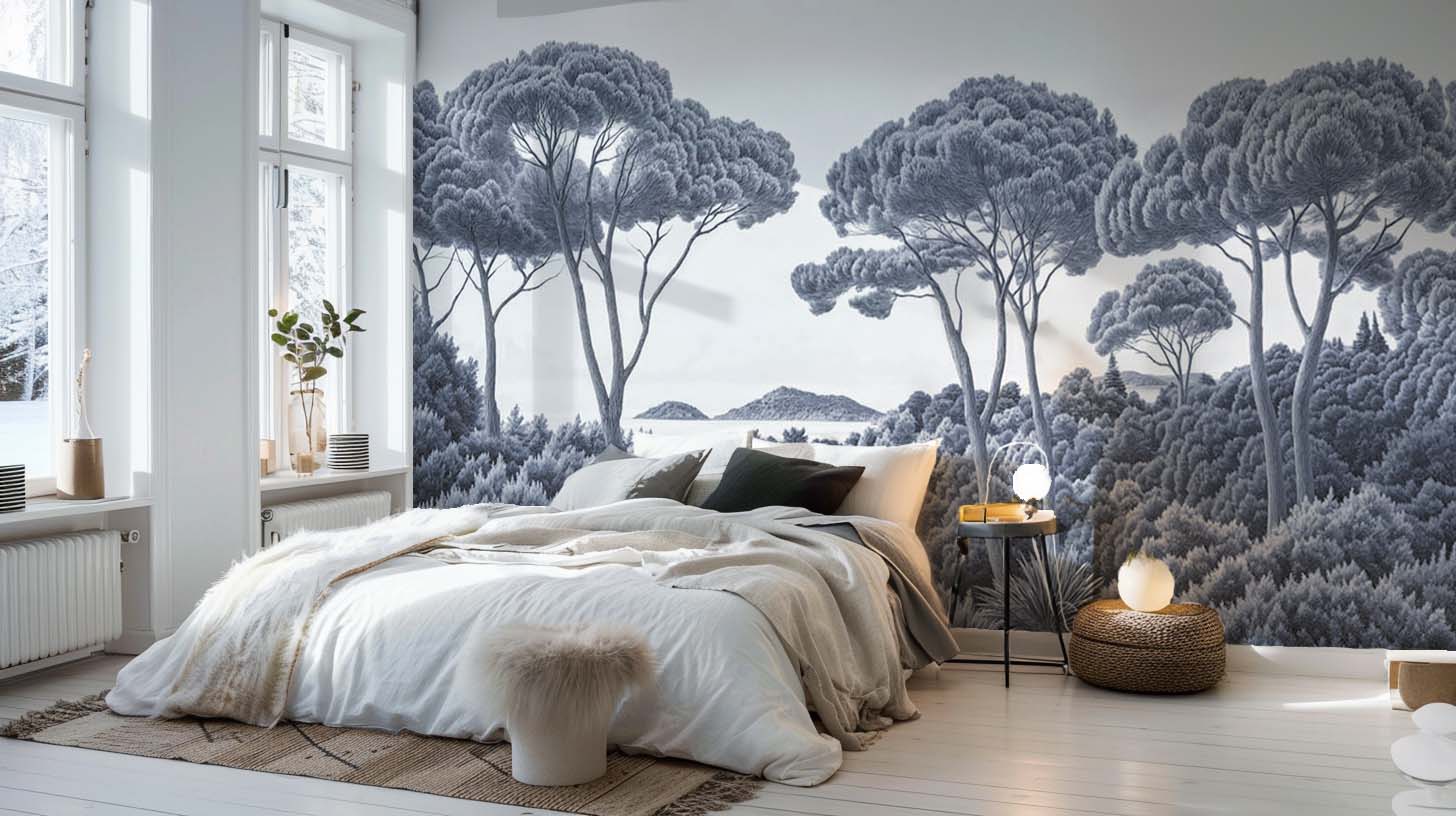 Entre pins et mer – Papier peint forêt méditerranéenne en cyanotype - Illulart: Papier peint panoramique