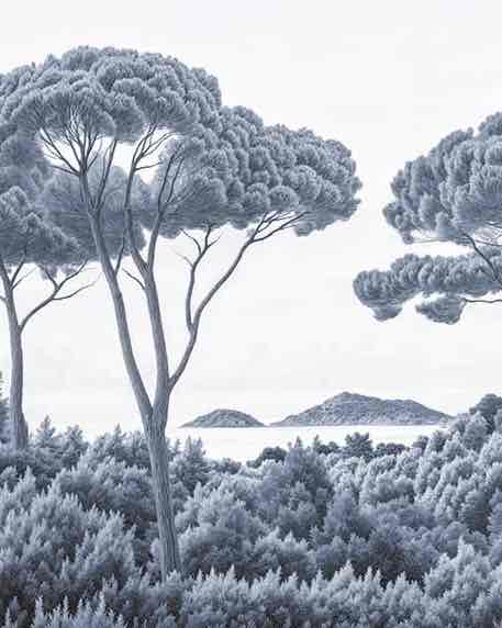 Entre pins et mer – Papier peint forêt méditerranéenne en cyanotype - Illulart: Papier peint panoramique