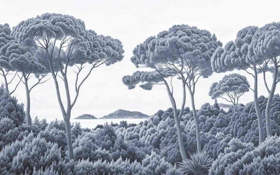 Entre pins et mer – Papier peint forêt méditerranéenne en cyanotype - Illulart: Papier peint panoramique