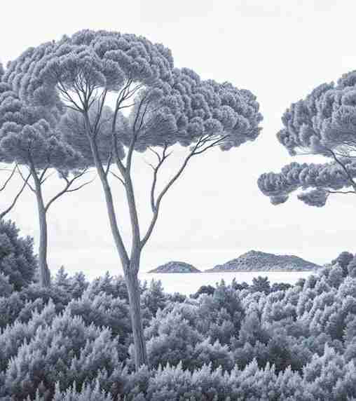 Entre pins et mer – Papier peint forêt méditerranéenne en cyanotype - Illulart: Papier peint panoramique