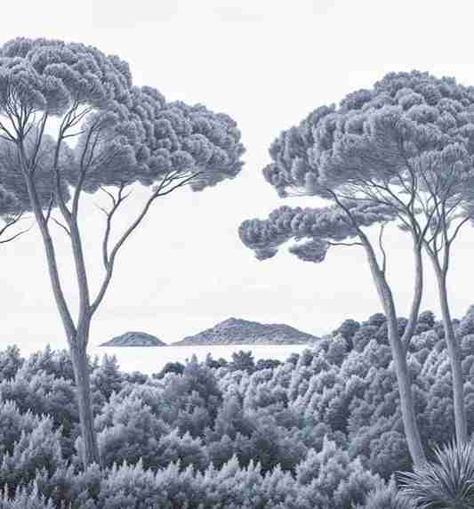 Entre pins et mer – Papier peint forêt méditerranéenne en cyanotype - Illulart: Papier peint panoramique