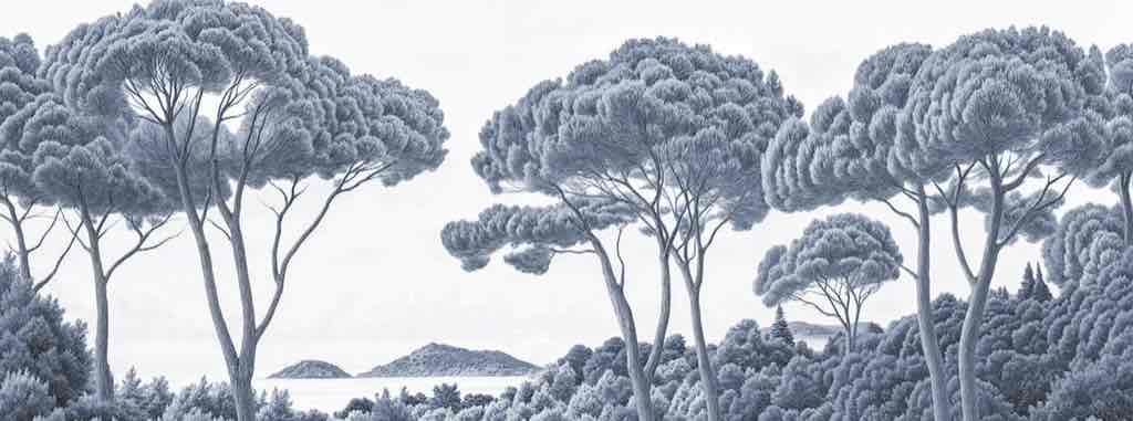 Entre pins et mer – Papier peint forêt méditerranéenne en cyanotype - Illulart: Papier peint panoramique