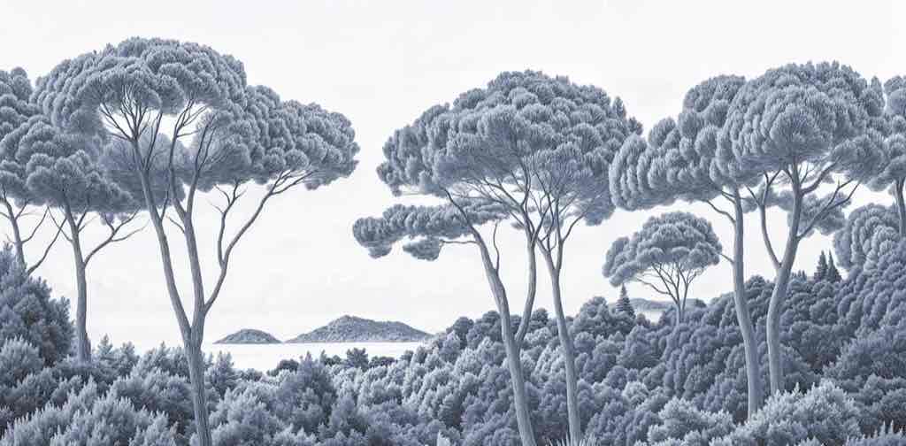 Entre pins et mer – Papier peint forêt méditerranéenne en cyanotype - Illulart: Papier peint panoramique