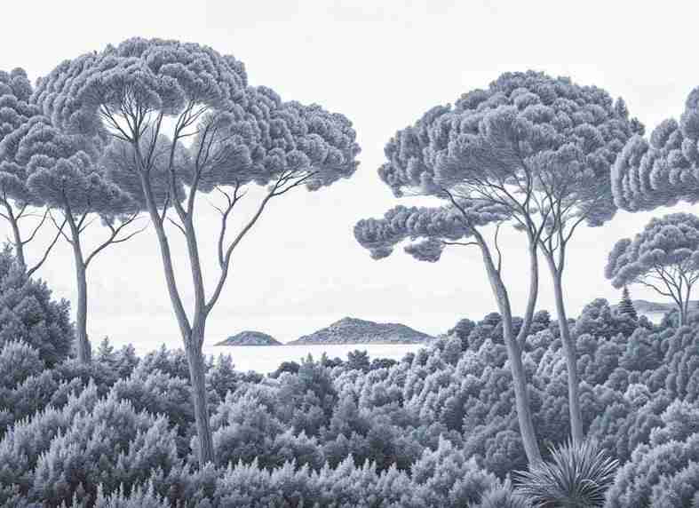 Entre pins et mer – Papier peint forêt méditerranéenne en cyanotype - Illulart: Papier peint panoramique