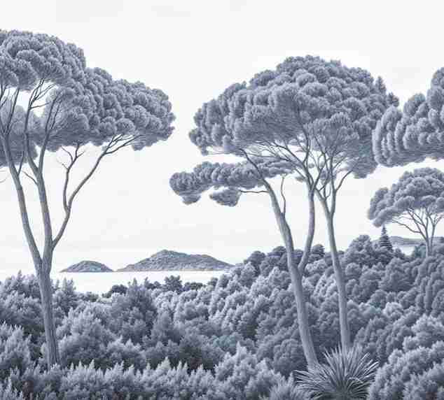 Entre pins et mer – Papier peint forêt méditerranéenne en cyanotype - Illulart: Papier peint panoramique