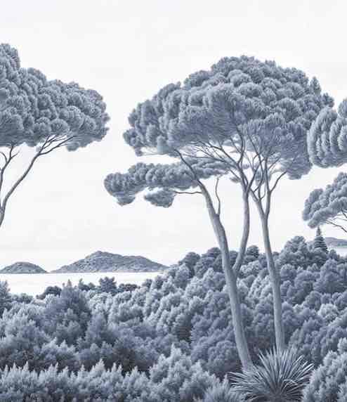 Entre pins et mer – Papier peint forêt méditerranéenne en cyanotype - Illulart: Papier peint panoramique