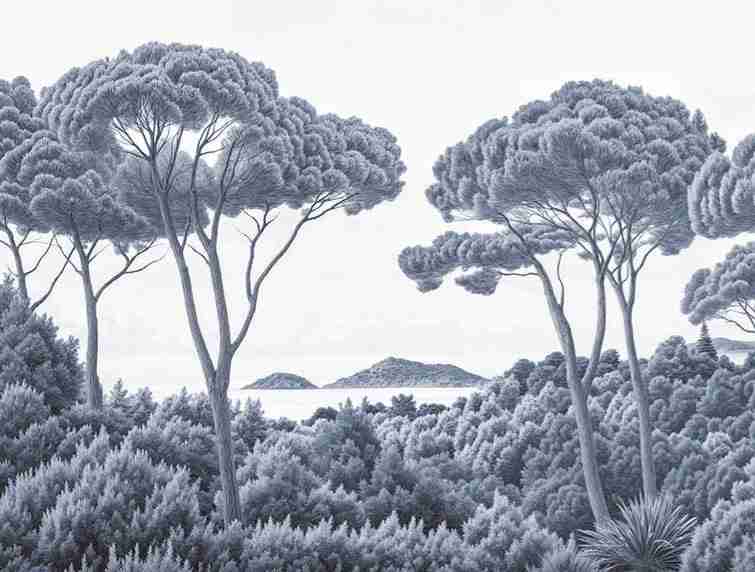 Entre pins et mer – Papier peint forêt méditerranéenne en cyanotype - Illulart: Papier peint panoramique