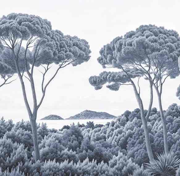 Entre pins et mer – Papier peint forêt méditerranéenne en cyanotype - Illulart: Papier peint panoramique