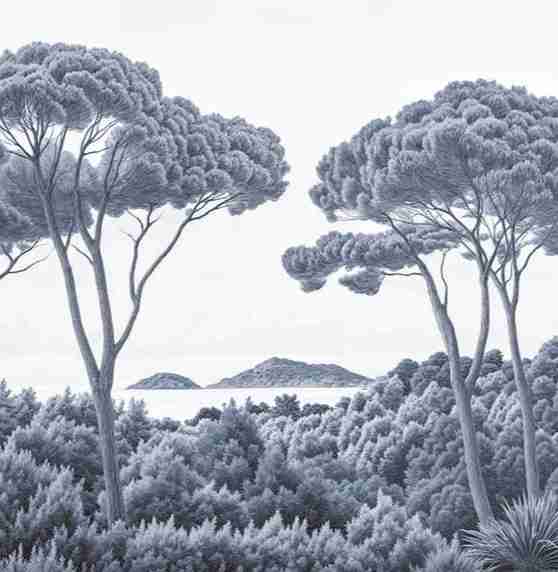 Entre pins et mer – Papier peint forêt méditerranéenne en cyanotype - Illulart: Papier peint panoramique