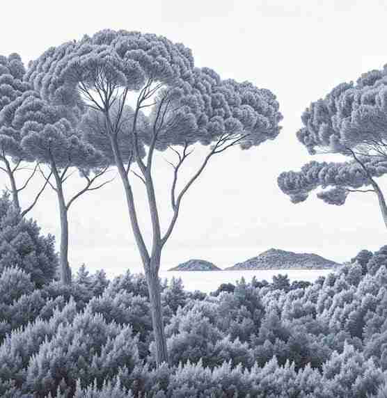 Entre pins et mer – Papier peint forêt méditerranéenne en cyanotype - Illulart: Papier peint panoramique