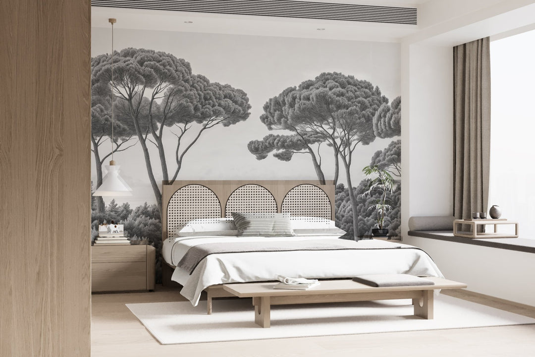 Entre pins et mer – Papier peint forêt méditerranéenne en noir et blanc - Illulart: Papier peint panoramique