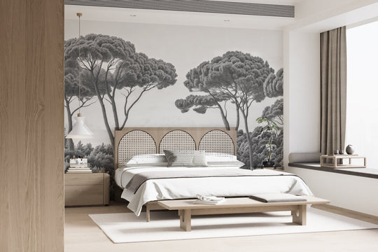 Entre pins et mer – Papier peint forêt méditerranéenne en noir et blanc - Illulart: Papier peint panoramique