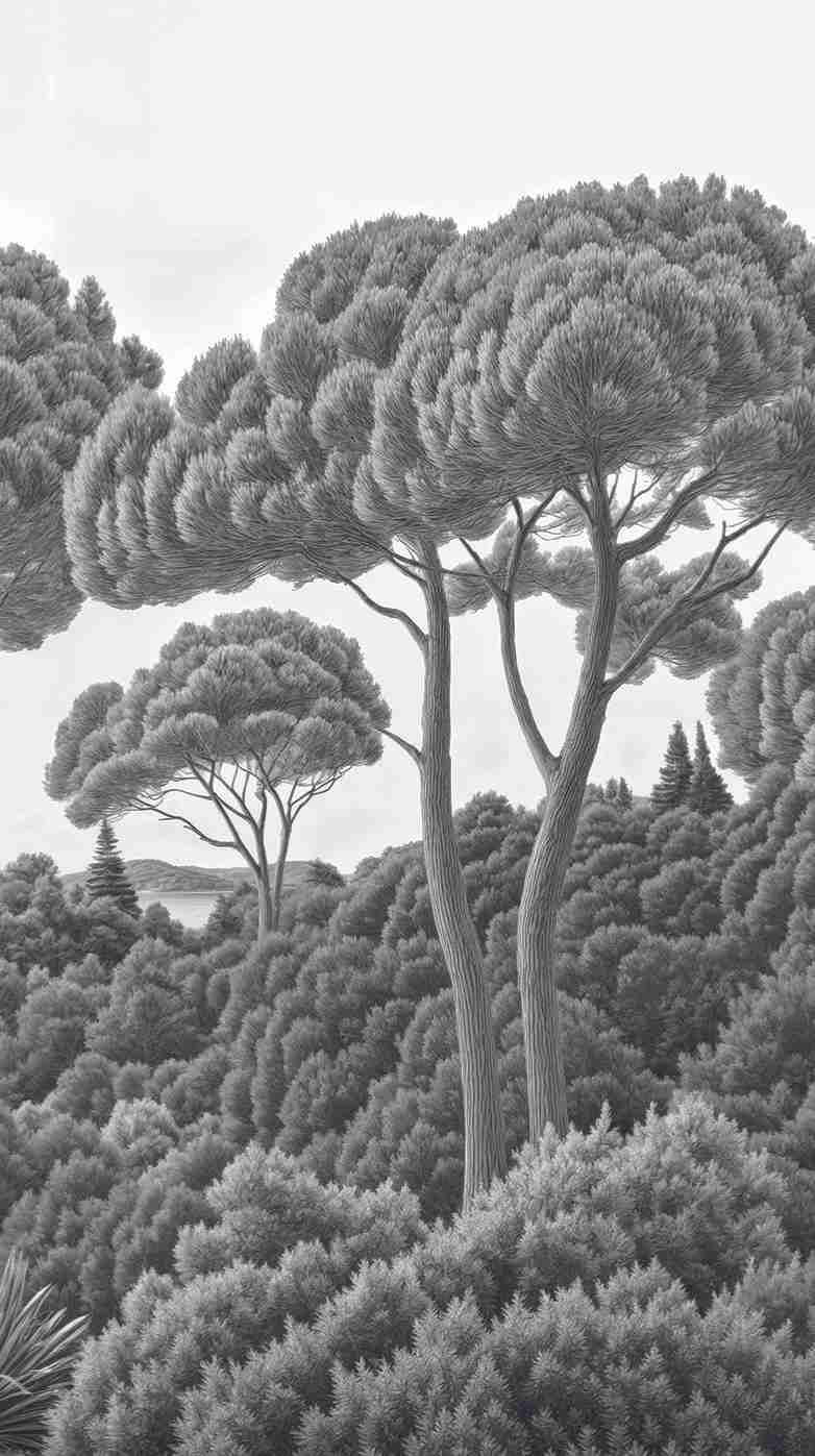 Entre pins et mer – Papier peint forêt méditerranéenne en noir et blanc - Illulart: Papier peint panoramique