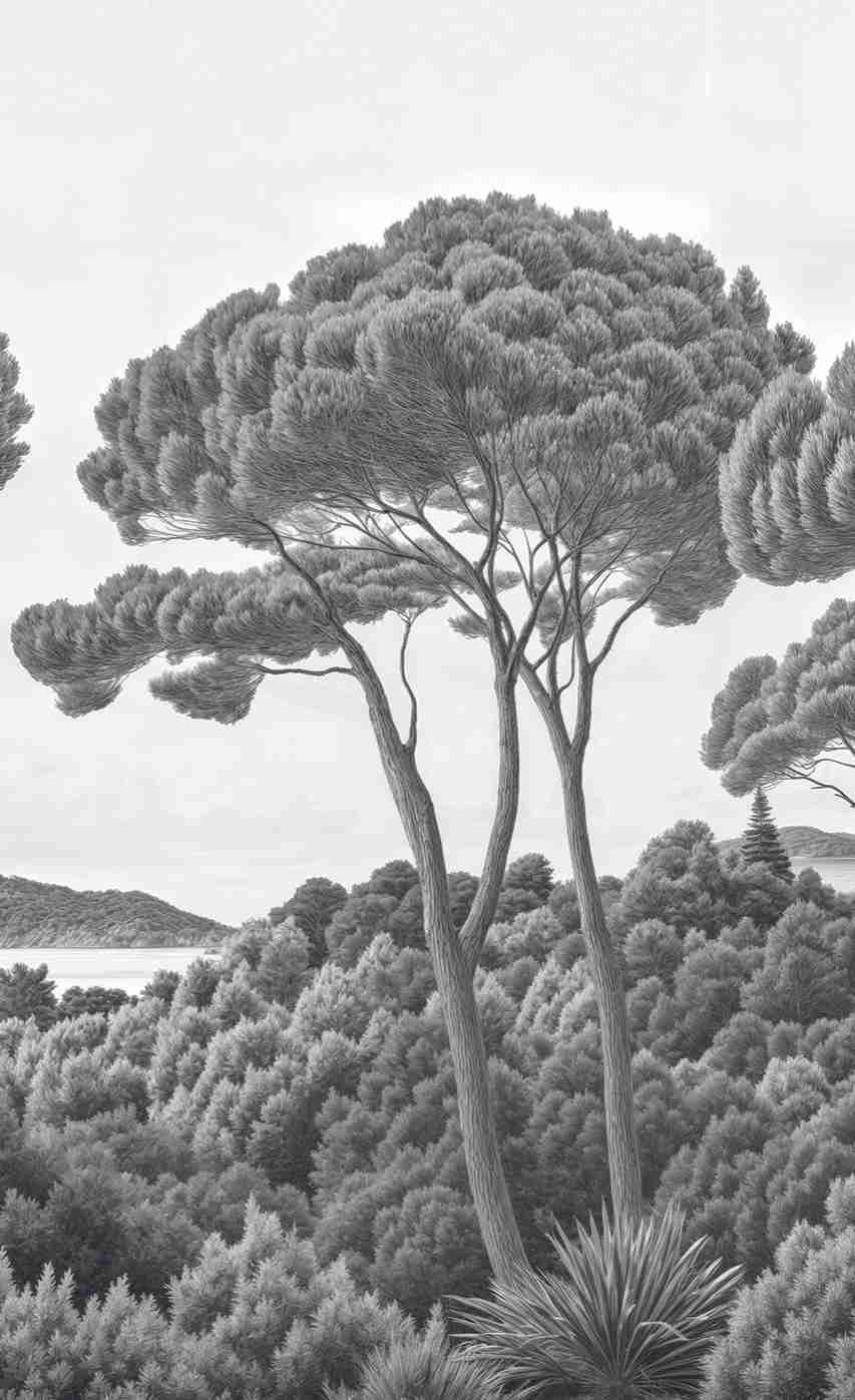 Entre pins et mer – Papier peint forêt méditerranéenne en noir et blanc - Illulart: Papier peint panoramique