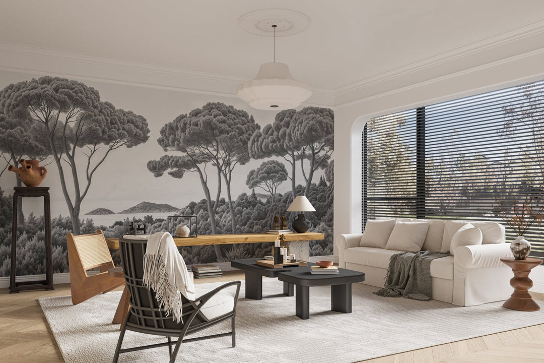 Entre pins et mer – Papier peint forêt méditerranéenne en noir et blanc - Illulart: Papier peint panoramique