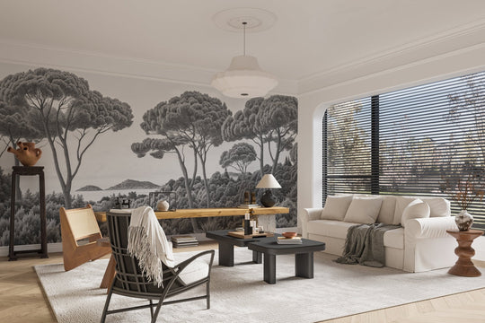 Entre pins et mer – Papier peint forêt méditerranéenne en noir et blanc - Illulart: Papier peint panoramique