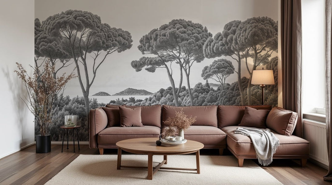 Entre pins et mer – Papier peint forêt méditerranéenne en noir et blanc - Illulart: Papier peint panoramique