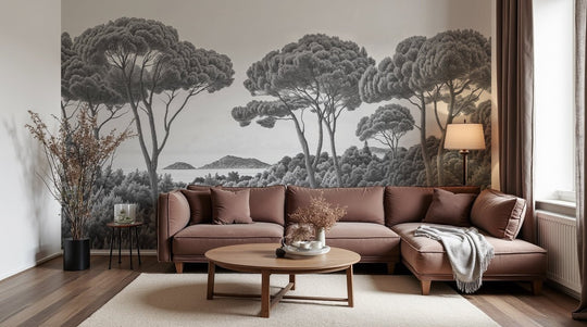 Entre pins et mer – Papier peint forêt méditerranéenne en noir et blanc - Illulart: Papier peint panoramique