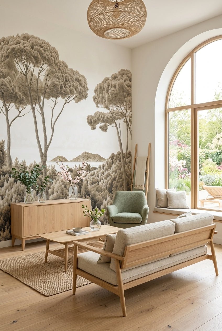 Entre pins et mer – Papier peint forêt méditerranéenne en sépia - Illulart: Papier peint panoramique