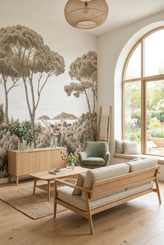 Entre pins et mer – Papier peint forêt méditerranéenne en sépia - Illulart: Papier peint panoramique