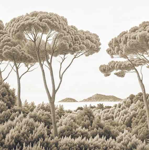 Entre pins et mer – Papier peint forêt méditerranéenne en sépia - Illulart: Papier peint panoramique