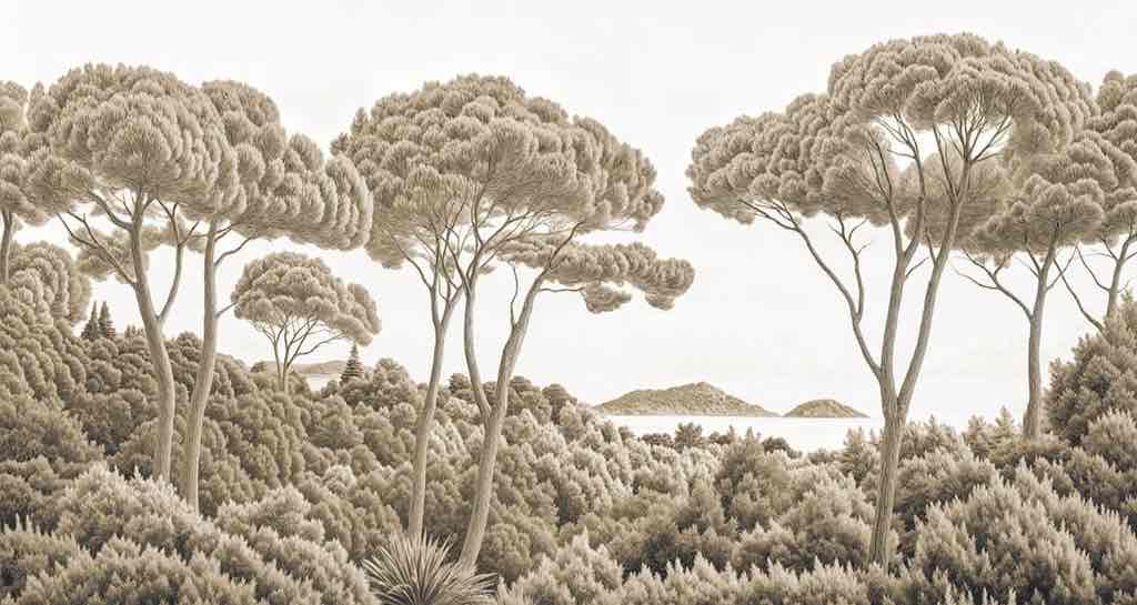 Entre pins et mer – Papier peint forêt méditerranéenne en sépia - Illulart: Papier peint panoramique