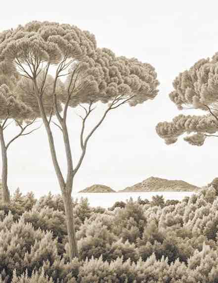 Entre pins et mer – Papier peint forêt méditerranéenne en sépia - Illulart: Papier peint panoramique