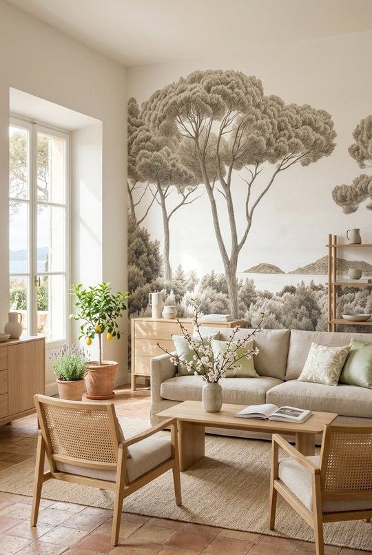 Entre pins et mer – Papier peint forêt méditerranéenne en sépia - Illulart: Papier peint panoramique