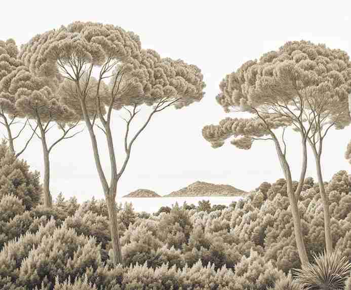 Entre pins et mer – Papier peint forêt méditerranéenne en sépia - Illulart: Papier peint panoramique