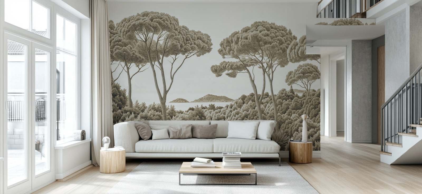 Entre pins et mer – Papier peint forêt méditerranéenne en sépia - Illulart: Papier peint panoramique