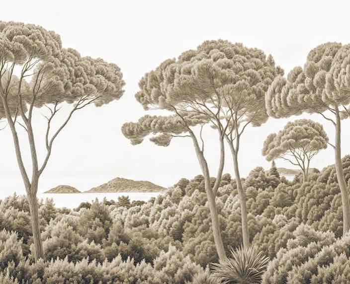 Entre pins et mer – Papier peint forêt méditerranéenne en sépia - Illulart: Papier peint panoramique