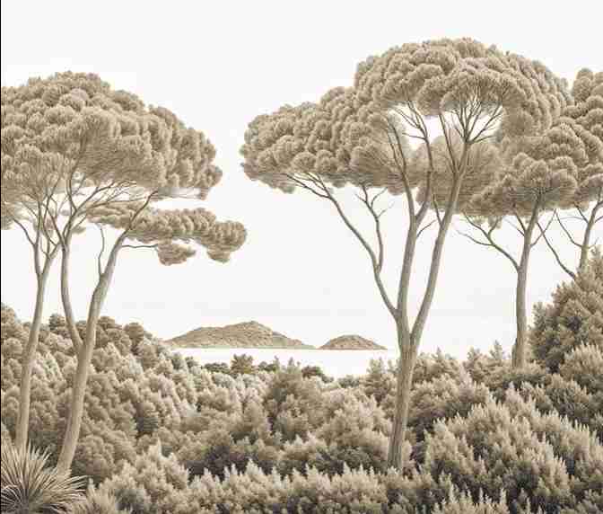 Entre pins et mer – Papier peint forêt méditerranéenne en sépia - Illulart: Papier peint panoramique