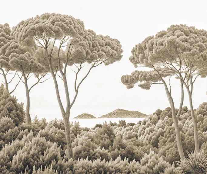 Entre pins et mer – Papier peint forêt méditerranéenne en sépia - Illulart: Papier peint panoramique