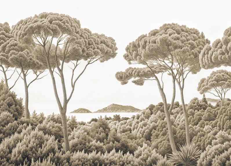 Entre pins et mer – Papier peint forêt méditerranéenne en sépia - Illulart: Papier peint panoramique