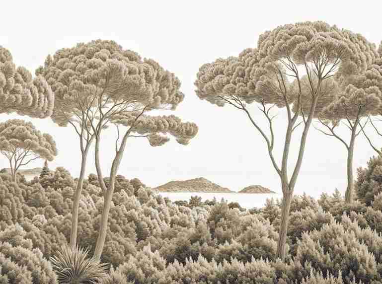 Entre pins et mer – Papier peint forêt méditerranéenne en sépia - Illulart: Papier peint panoramique
