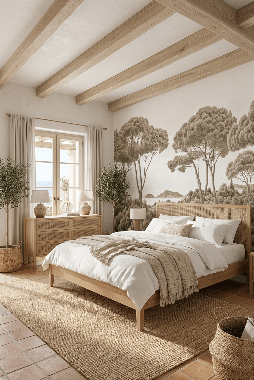 Entre pins et mer – Papier peint forêt méditerranéenne en sépia - Illulart: Papier peint panoramique